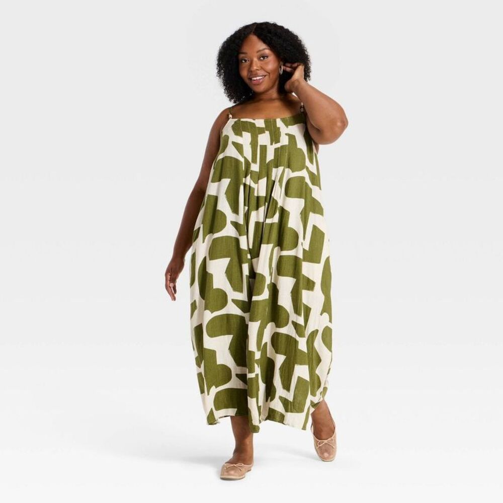 Women's Flowy Midi Tank Dress - Green Abstract 1X